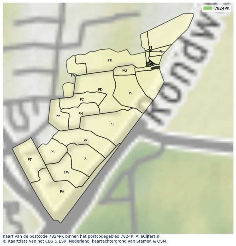 Afbeelding van het postcodegebied 7824 PK op de kaart.