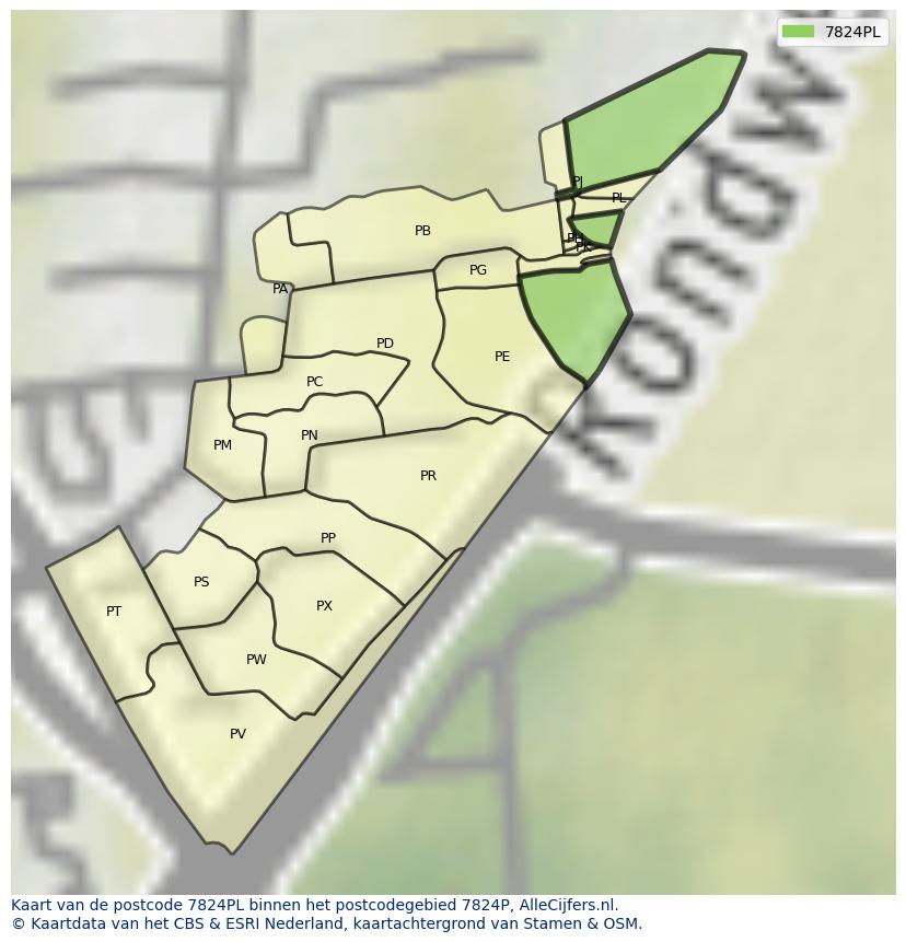Afbeelding van het postcodegebied 7824 PL op de kaart.