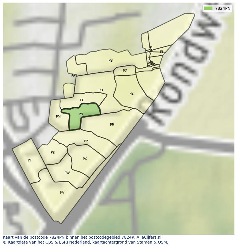 Afbeelding van het postcodegebied 7824 PN op de kaart.