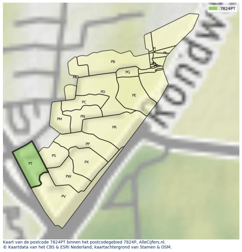 Afbeelding van het postcodegebied 7824 PT op de kaart.