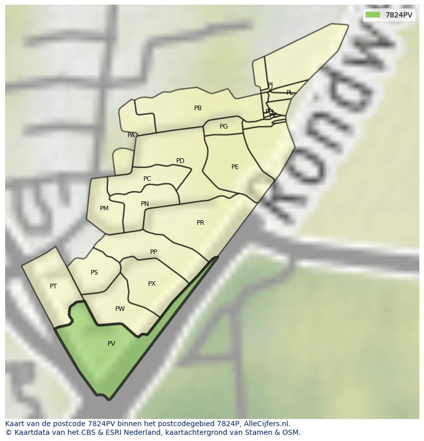 Afbeelding van het postcodegebied 7824 PV op de kaart.