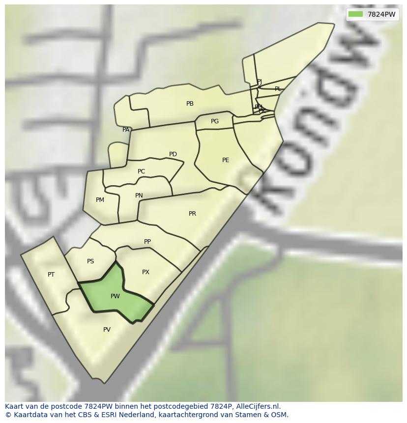 Afbeelding van het postcodegebied 7824 PW op de kaart.
