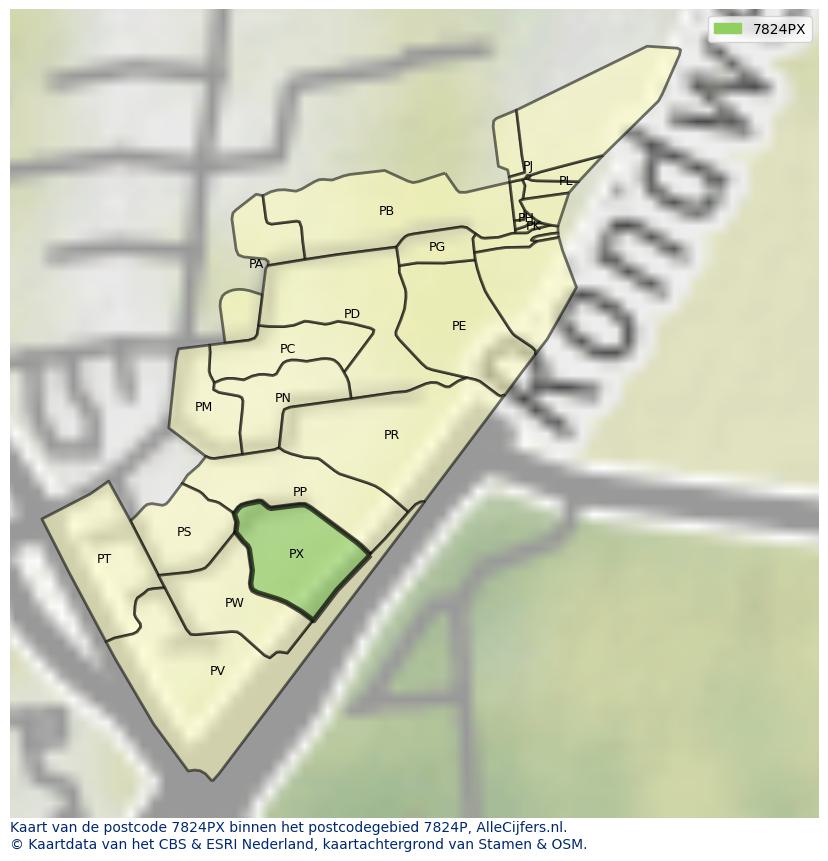 Afbeelding van het postcodegebied 7824 PX op de kaart.