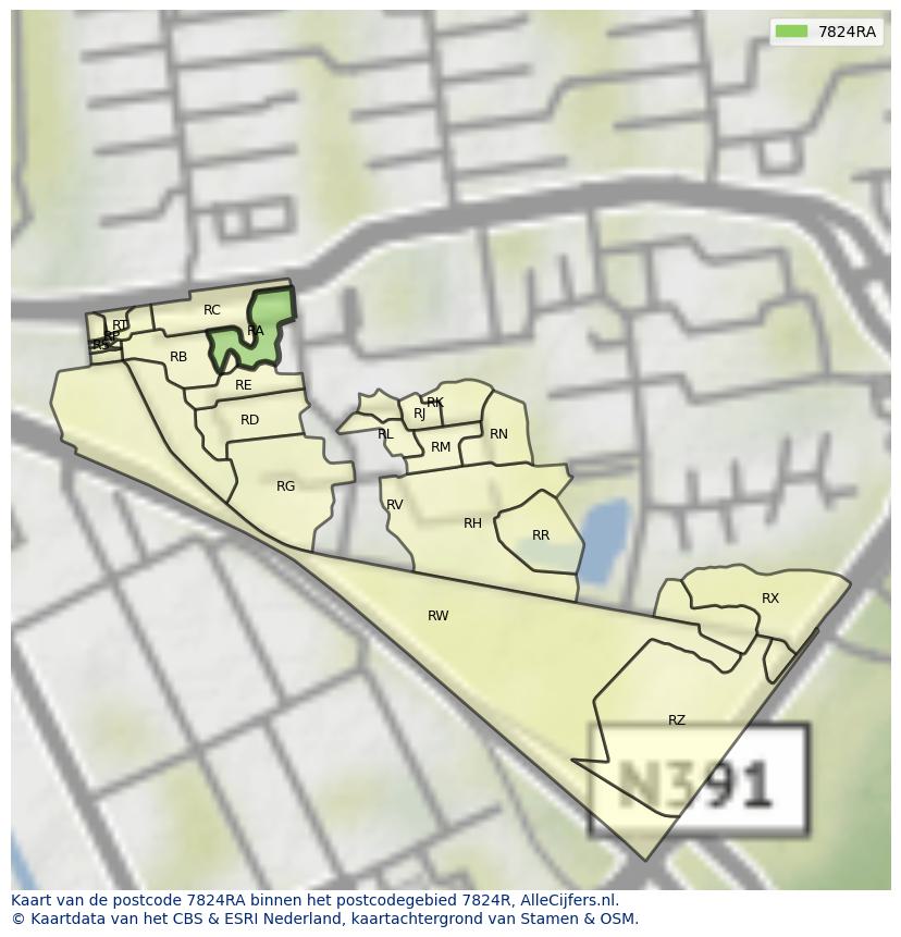 Afbeelding van het postcodegebied 7824 RA op de kaart.