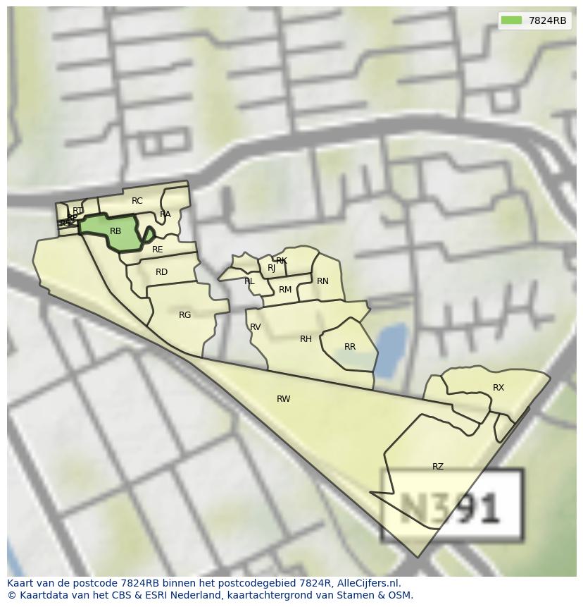 Afbeelding van het postcodegebied 7824 RB op de kaart.
