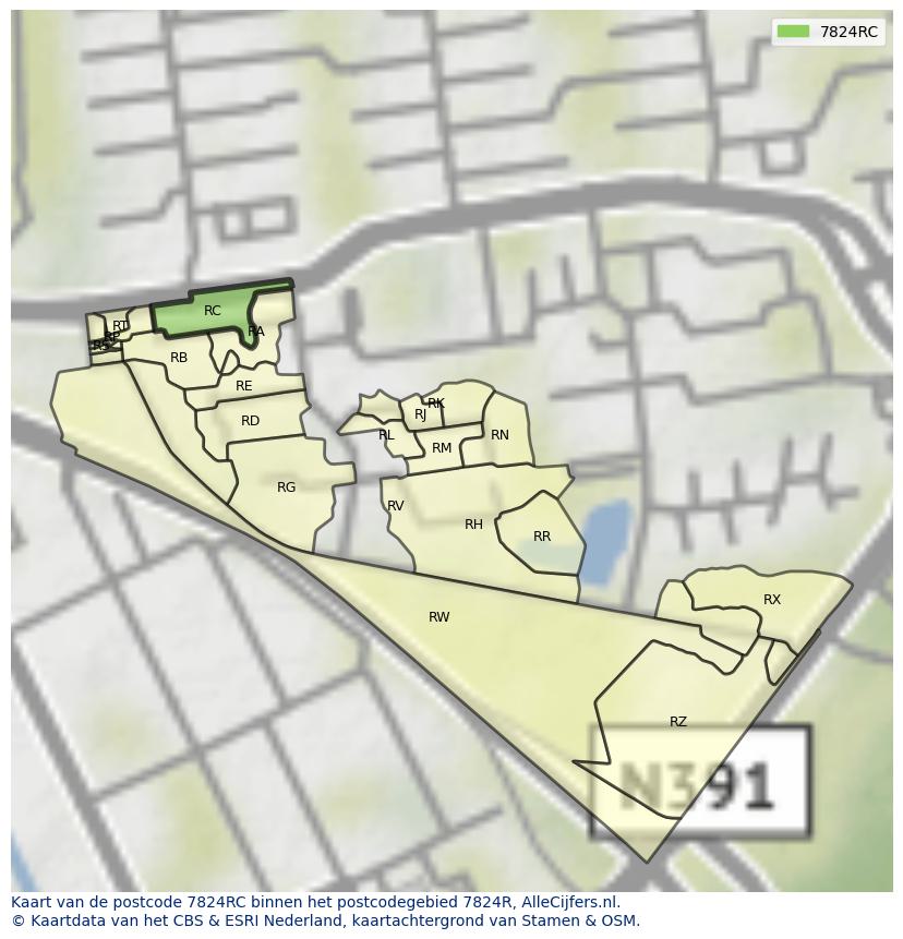 Afbeelding van het postcodegebied 7824 RC op de kaart.