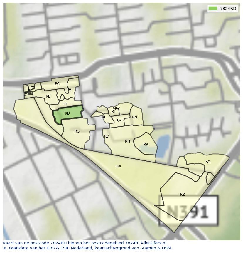 Afbeelding van het postcodegebied 7824 RD op de kaart.