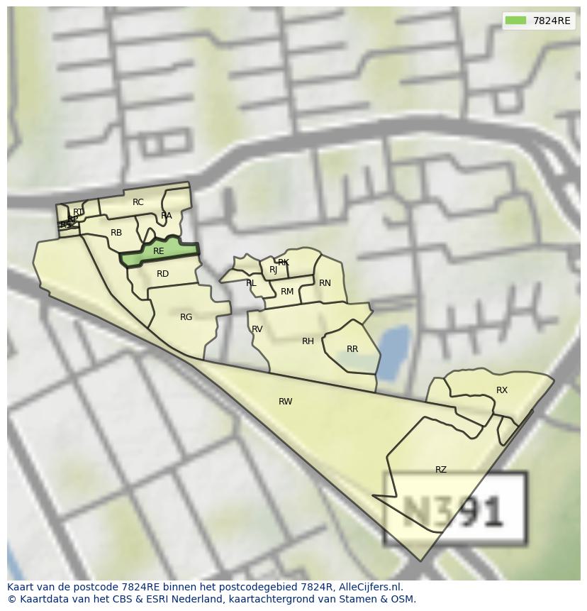 Afbeelding van het postcodegebied 7824 RE op de kaart.