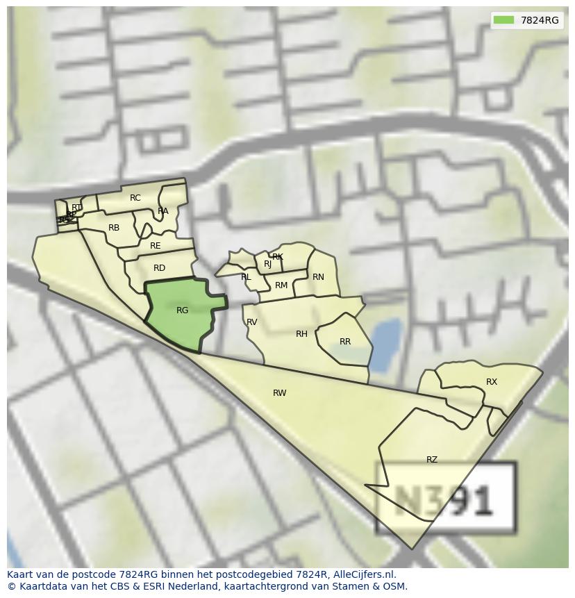 Afbeelding van het postcodegebied 7824 RG op de kaart.