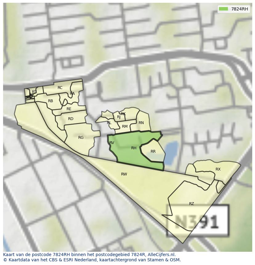 Afbeelding van het postcodegebied 7824 RH op de kaart.