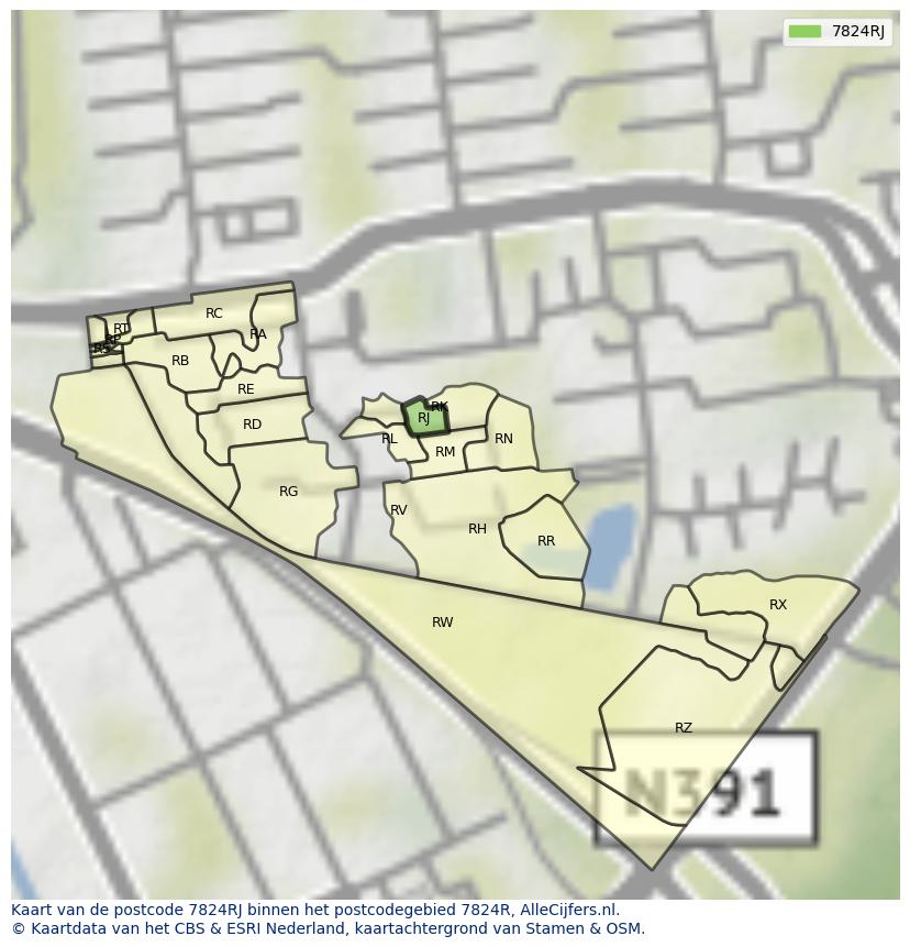 Afbeelding van het postcodegebied 7824 RJ op de kaart.