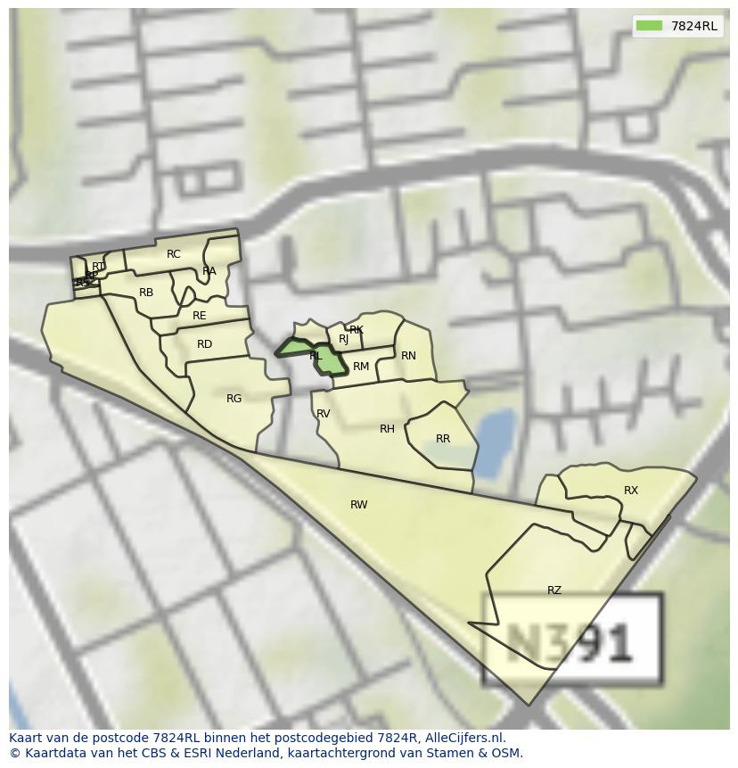 Afbeelding van het postcodegebied 7824 RL op de kaart.