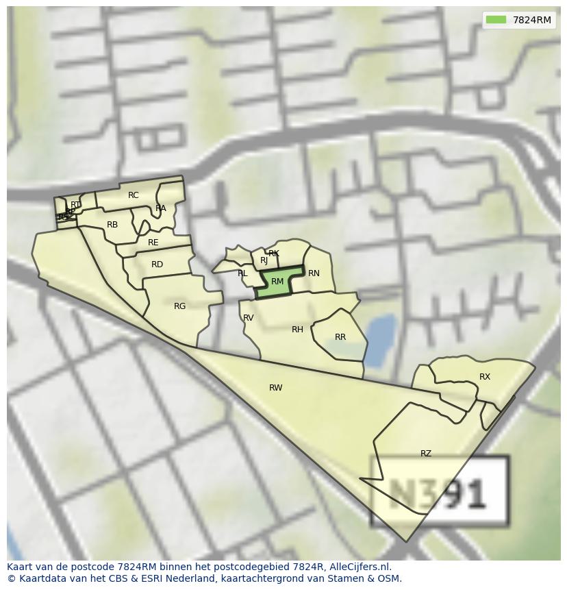 Afbeelding van het postcodegebied 7824 RM op de kaart.
