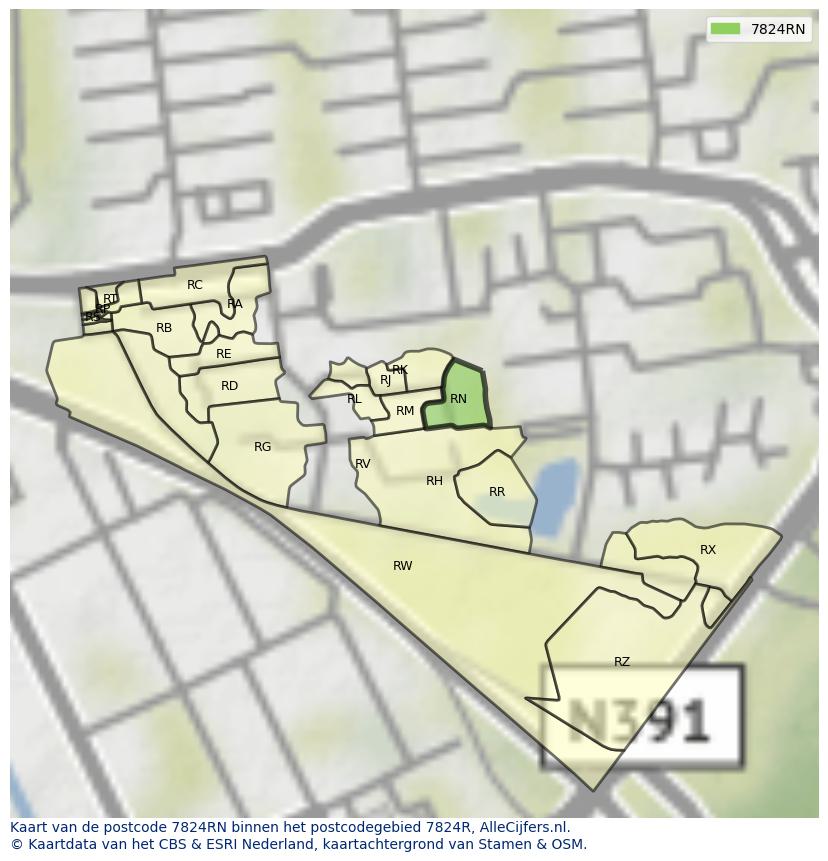 Afbeelding van het postcodegebied 7824 RN op de kaart.
