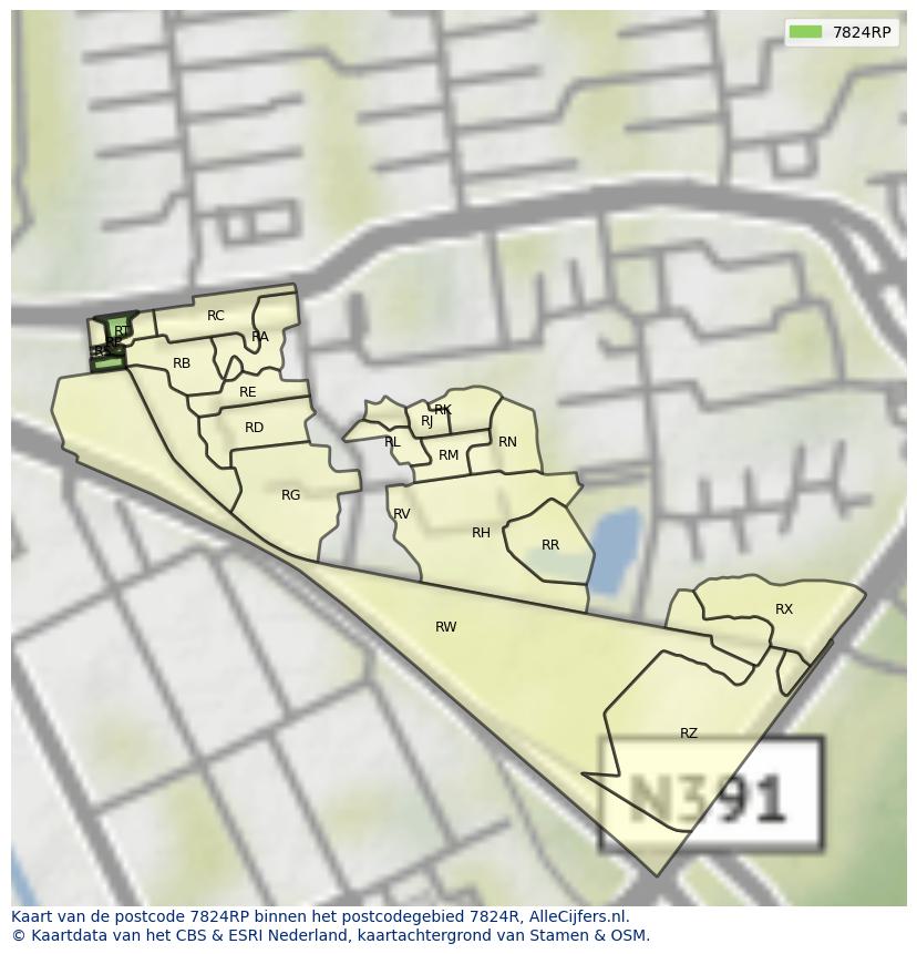 Afbeelding van het postcodegebied 7824 RP op de kaart.