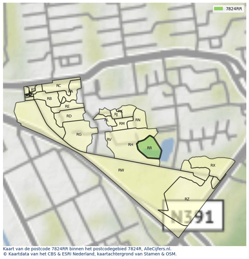 Afbeelding van het postcodegebied 7824 RR op de kaart.