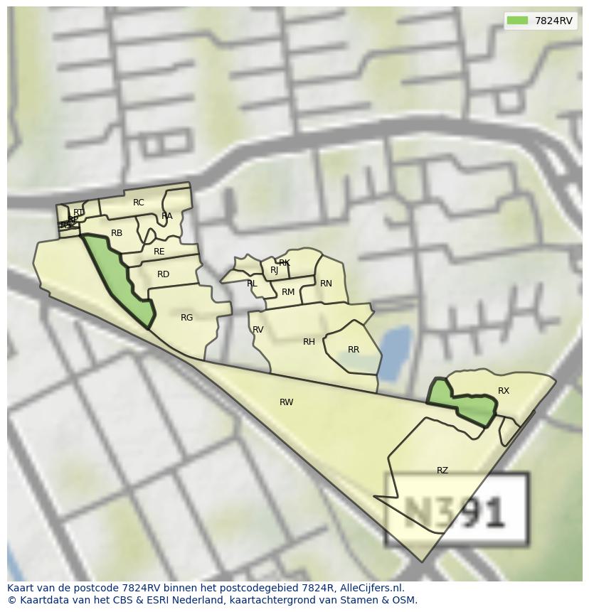 Afbeelding van het postcodegebied 7824 RV op de kaart.