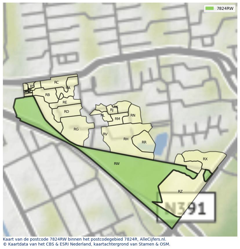 Afbeelding van het postcodegebied 7824 RW op de kaart.