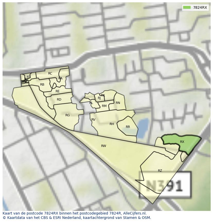 Afbeelding van het postcodegebied 7824 RX op de kaart.