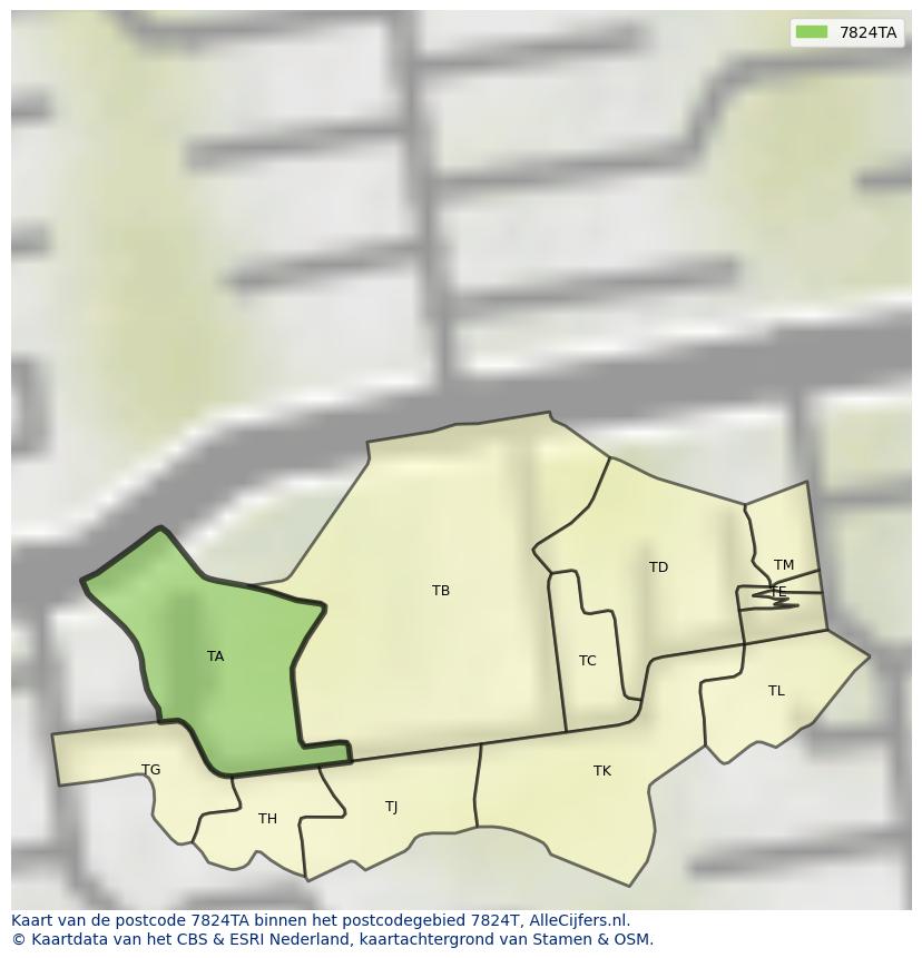 Afbeelding van het postcodegebied 7824 TA op de kaart.