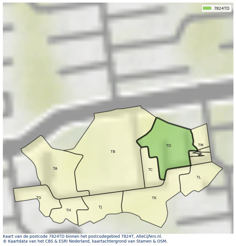 Afbeelding van het postcodegebied 7824 TD op de kaart.