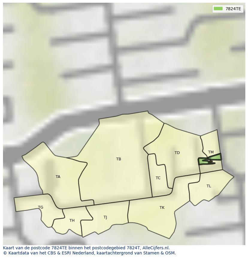 Afbeelding van het postcodegebied 7824 TE op de kaart.