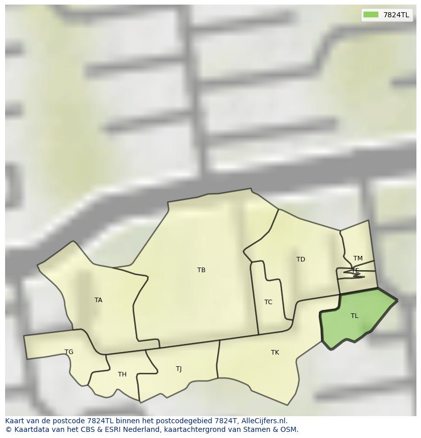 Afbeelding van het postcodegebied 7824 TL op de kaart.