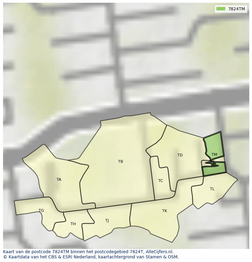Afbeelding van het postcodegebied 7824 TM op de kaart.