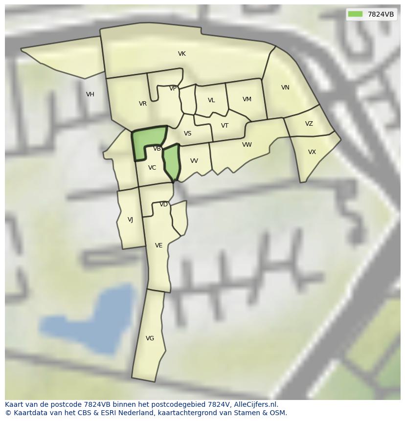 Afbeelding van het postcodegebied 7824 VB op de kaart.
