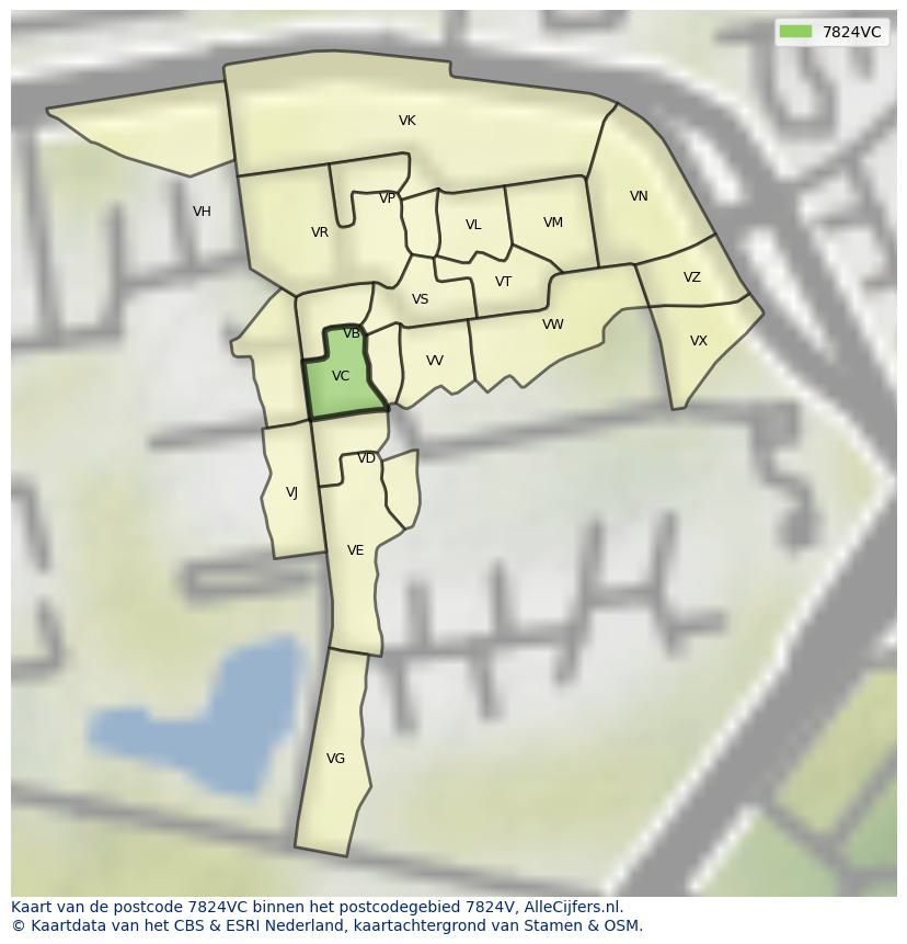 Afbeelding van het postcodegebied 7824 VC op de kaart.