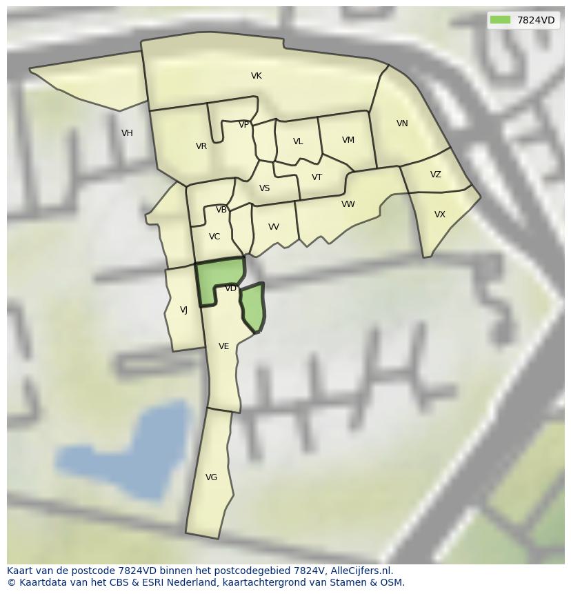 Afbeelding van het postcodegebied 7824 VD op de kaart.