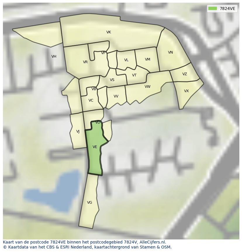 Afbeelding van het postcodegebied 7824 VE op de kaart.
