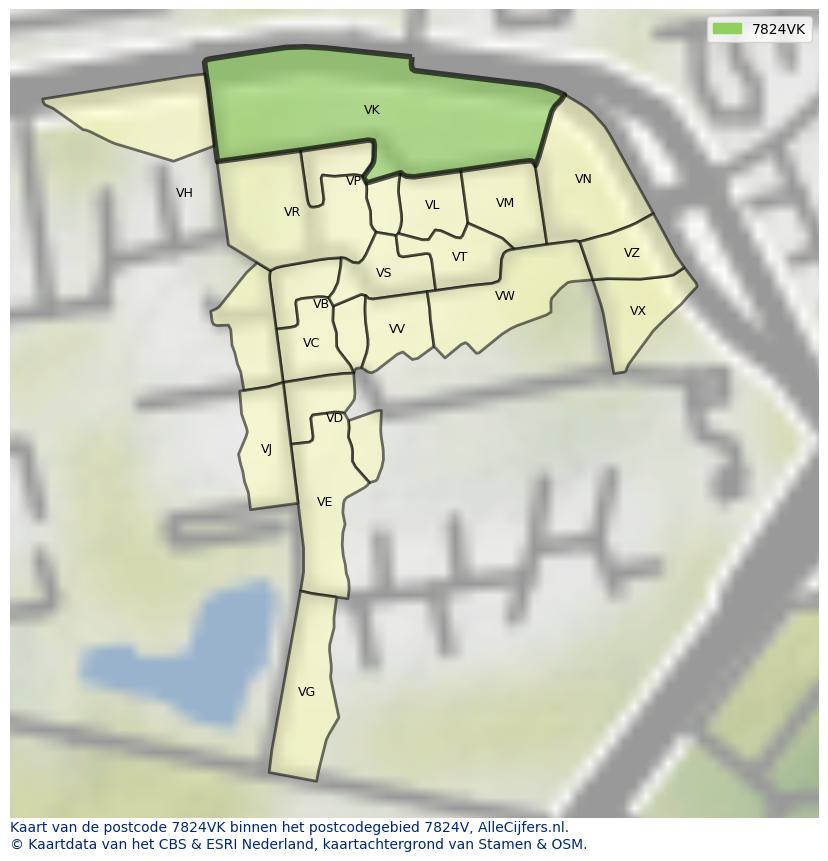 Afbeelding van het postcodegebied 7824 VK op de kaart.