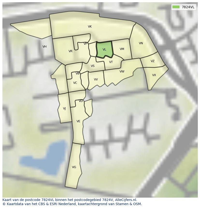 Afbeelding van het postcodegebied 7824 VL op de kaart.