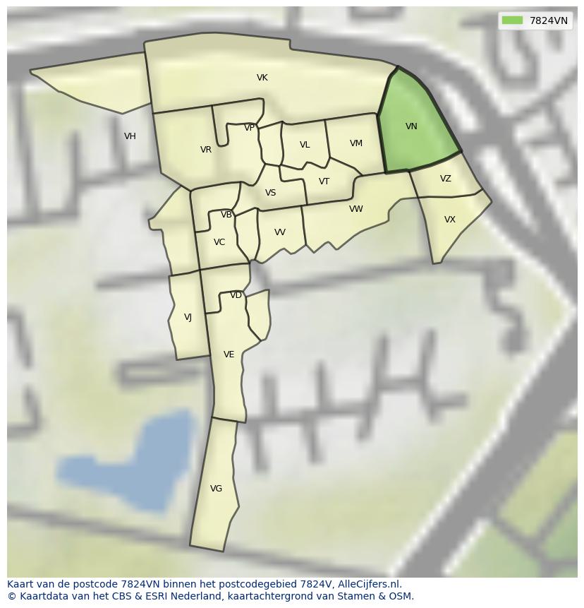 Afbeelding van het postcodegebied 7824 VN op de kaart.