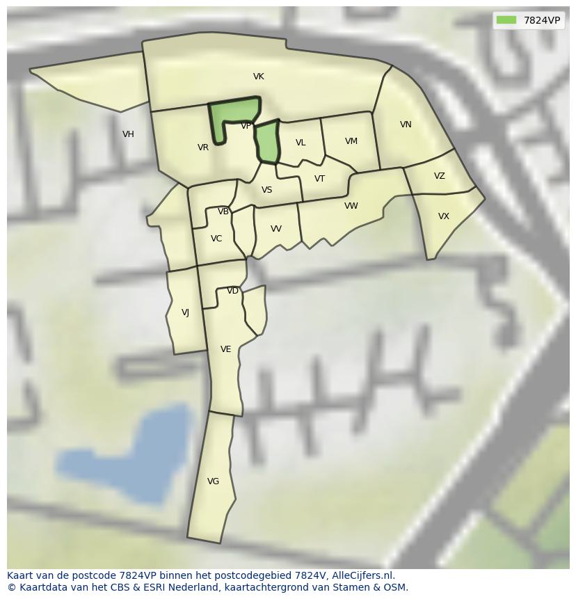 Afbeelding van het postcodegebied 7824 VP op de kaart.