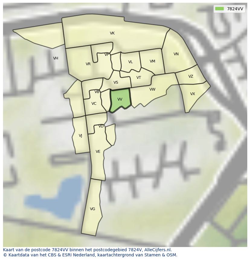 Afbeelding van het postcodegebied 7824 VV op de kaart.