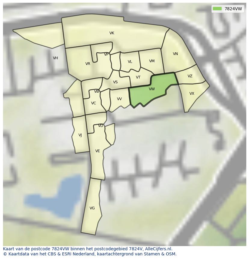 Afbeelding van het postcodegebied 7824 VW op de kaart.