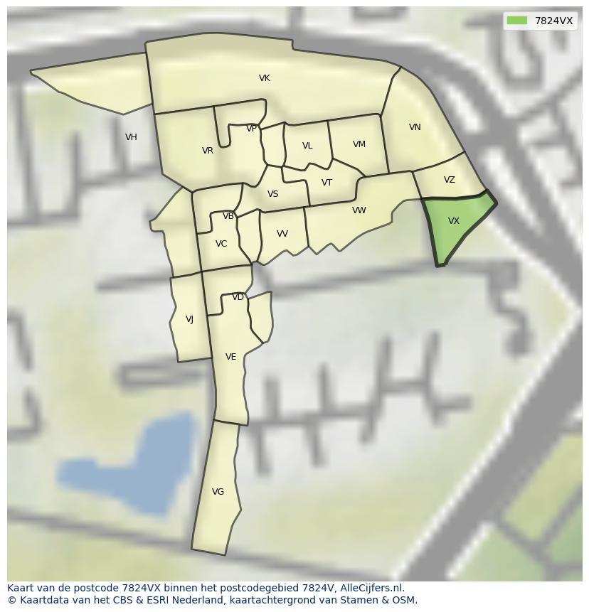 Afbeelding van het postcodegebied 7824 VX op de kaart.
