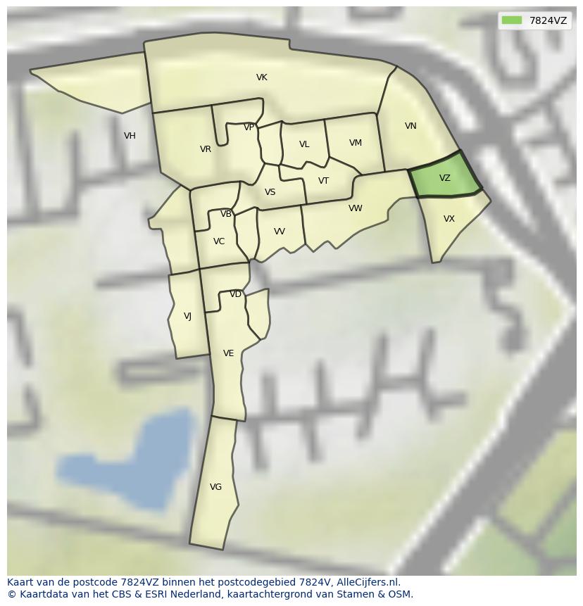 Afbeelding van het postcodegebied 7824 VZ op de kaart.