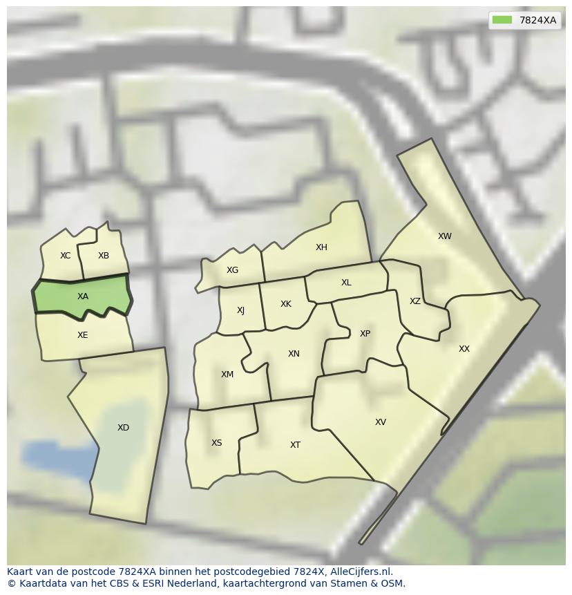 Afbeelding van het postcodegebied 7824 XA op de kaart.