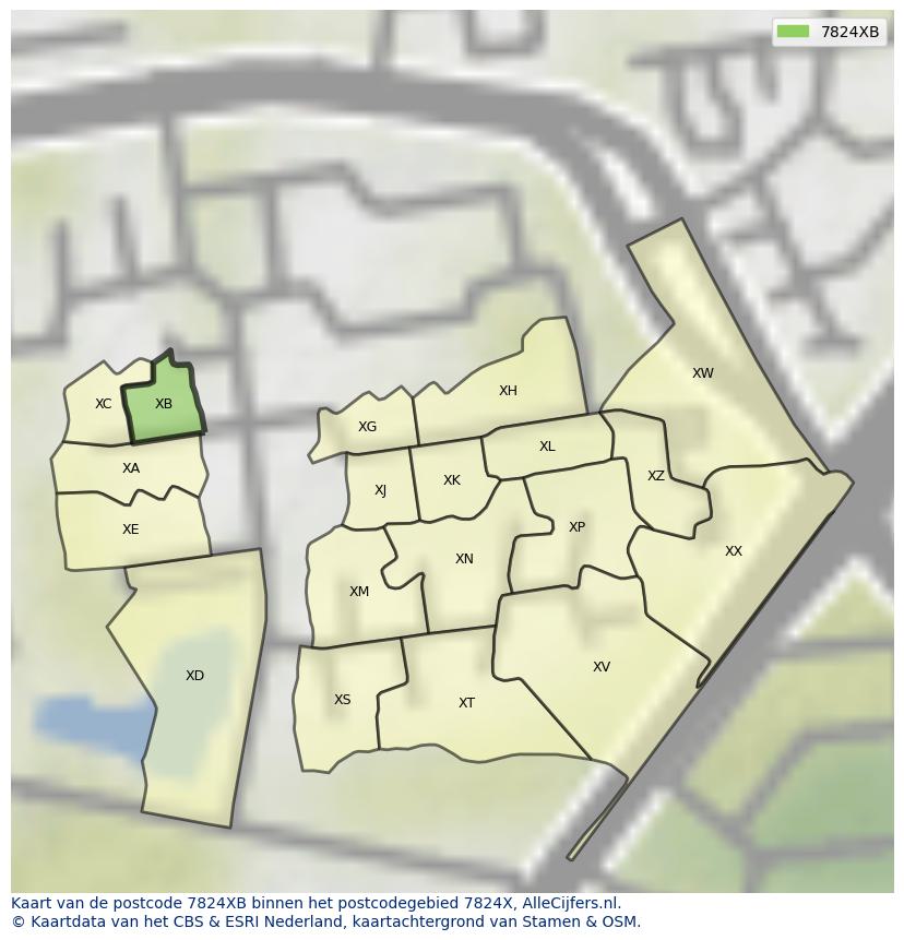 Afbeelding van het postcodegebied 7824 XB op de kaart.