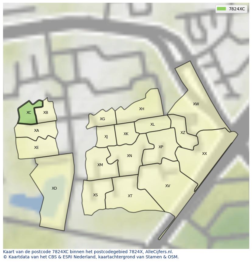 Afbeelding van het postcodegebied 7824 XC op de kaart.