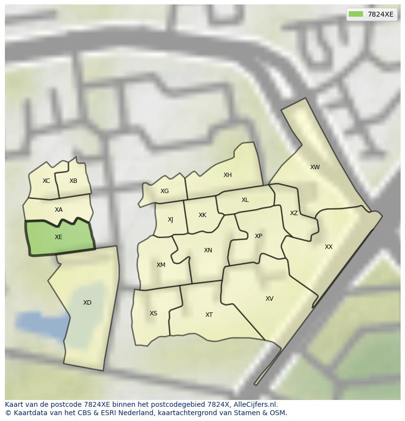Afbeelding van het postcodegebied 7824 XE op de kaart.