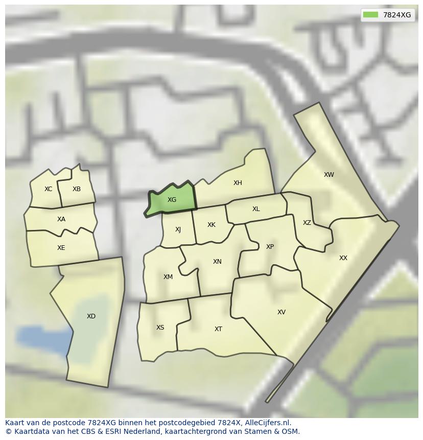 Afbeelding van het postcodegebied 7824 XG op de kaart.
