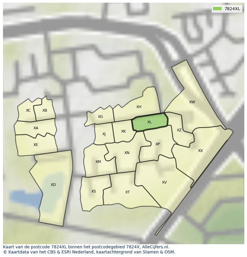 Afbeelding van het postcodegebied 7824 XL op de kaart.