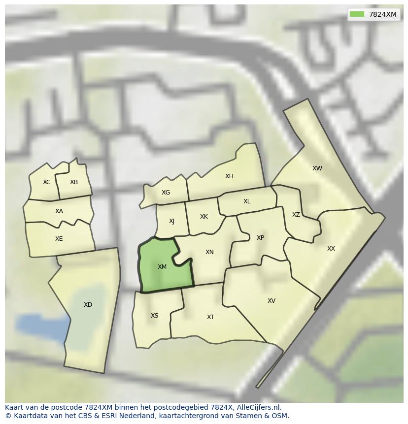 Afbeelding van het postcodegebied 7824 XM op de kaart.