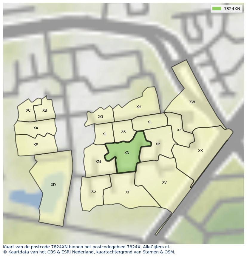 Afbeelding van het postcodegebied 7824 XN op de kaart.