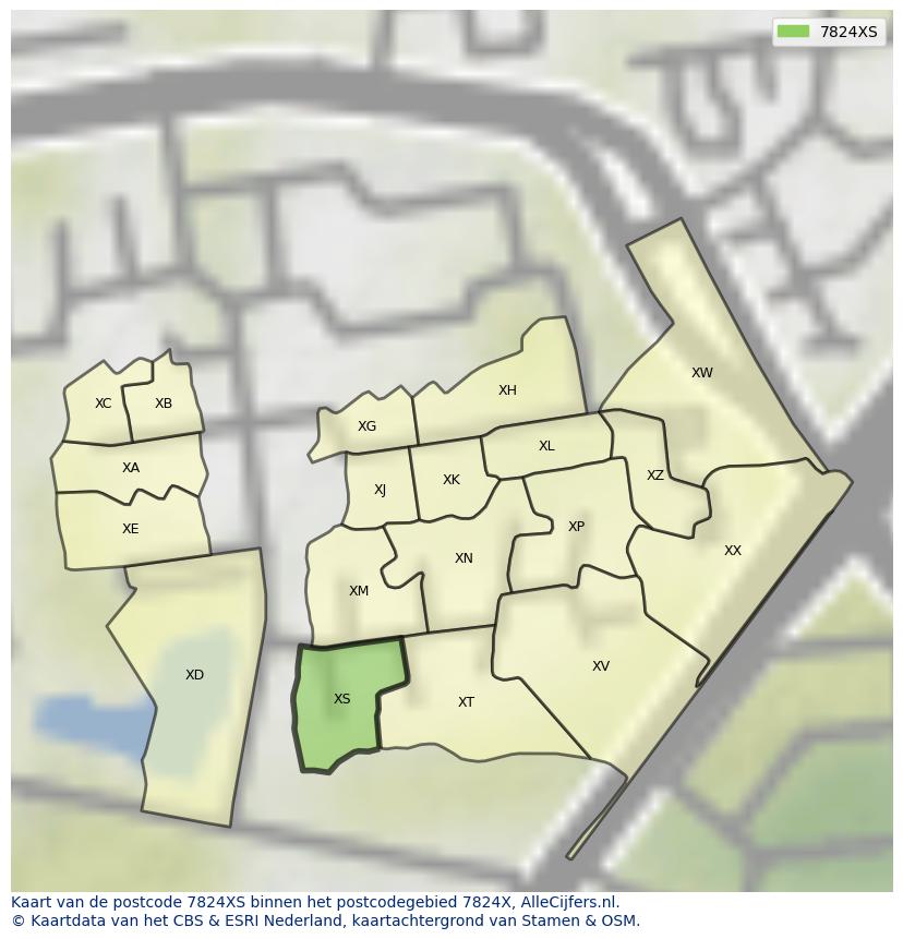 Afbeelding van het postcodegebied 7824 XS op de kaart.