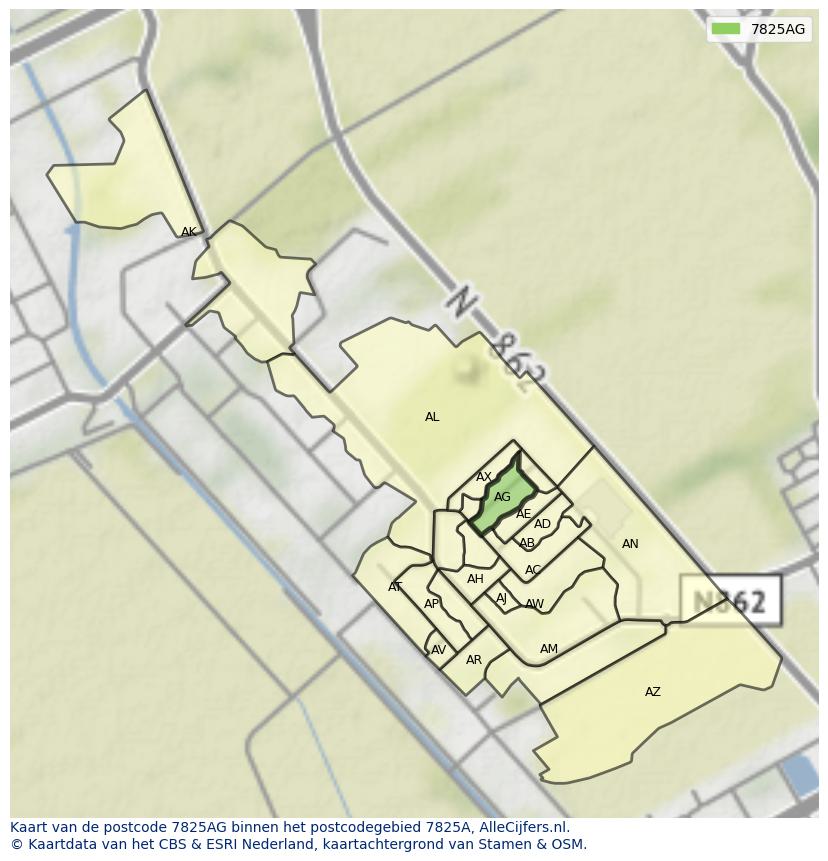 Afbeelding van het postcodegebied 7825 AG op de kaart.
